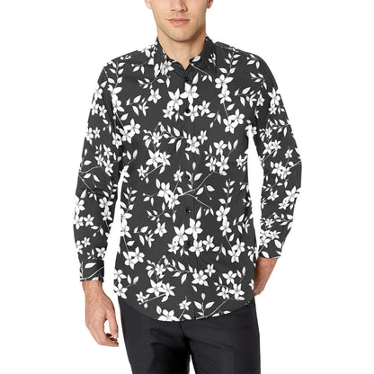 Black and White Floral Long Sleeve Men Button Up Shirt, Flowers Summer