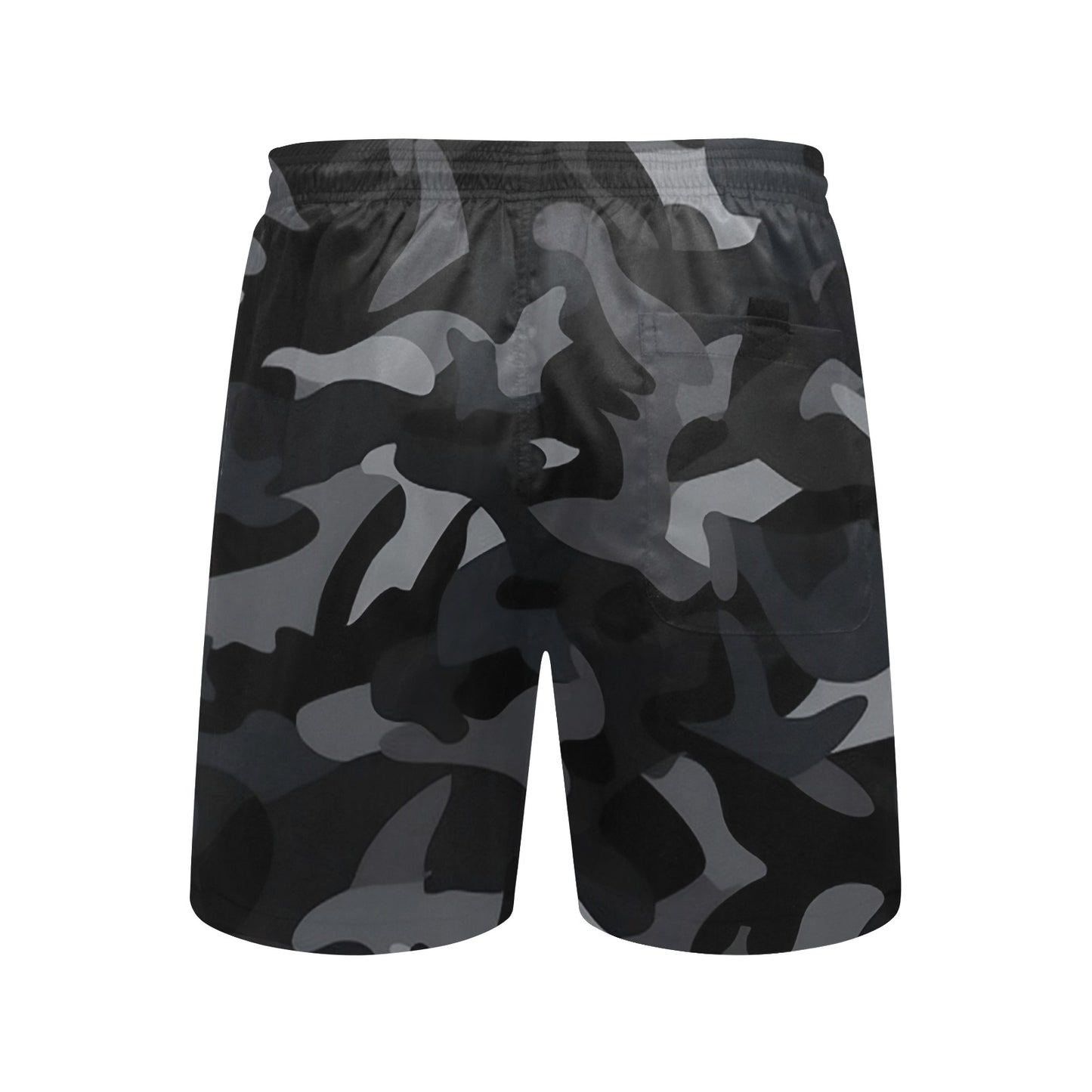 Black Camo Men Swim Trunks, 7" Inseam Shorts Green Camouflage Beach Pockets Mesh Lining Drawstring Casual Bathing Suit Plus Size Swimwear