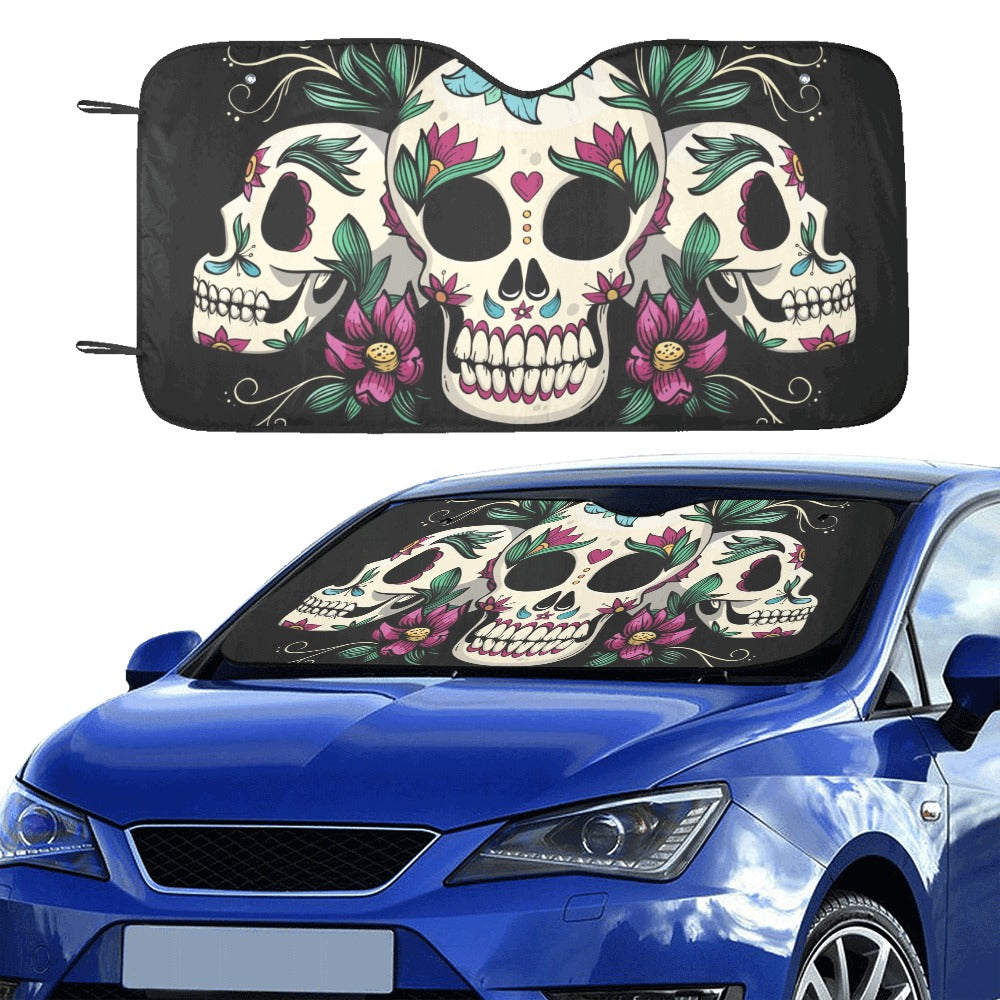 Sugar Skull Windshield Sun Shade, Day of the Dead Flowers Car Accessories Auto Vehicle Cover Protector Window Visor Screen Decor Starcove Fashion