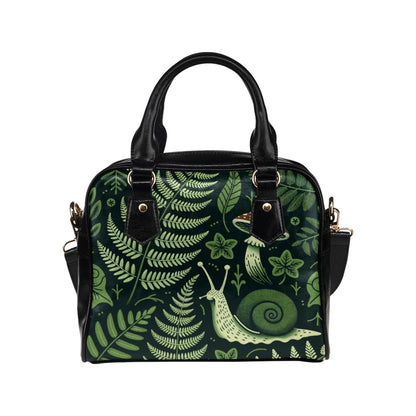 Forest Green Leather Purse, Vintage Leaves Cottagecore Plants Ferns Snail Mushroom Print Small Shoulder Women Designer Handbag Ladies Bag