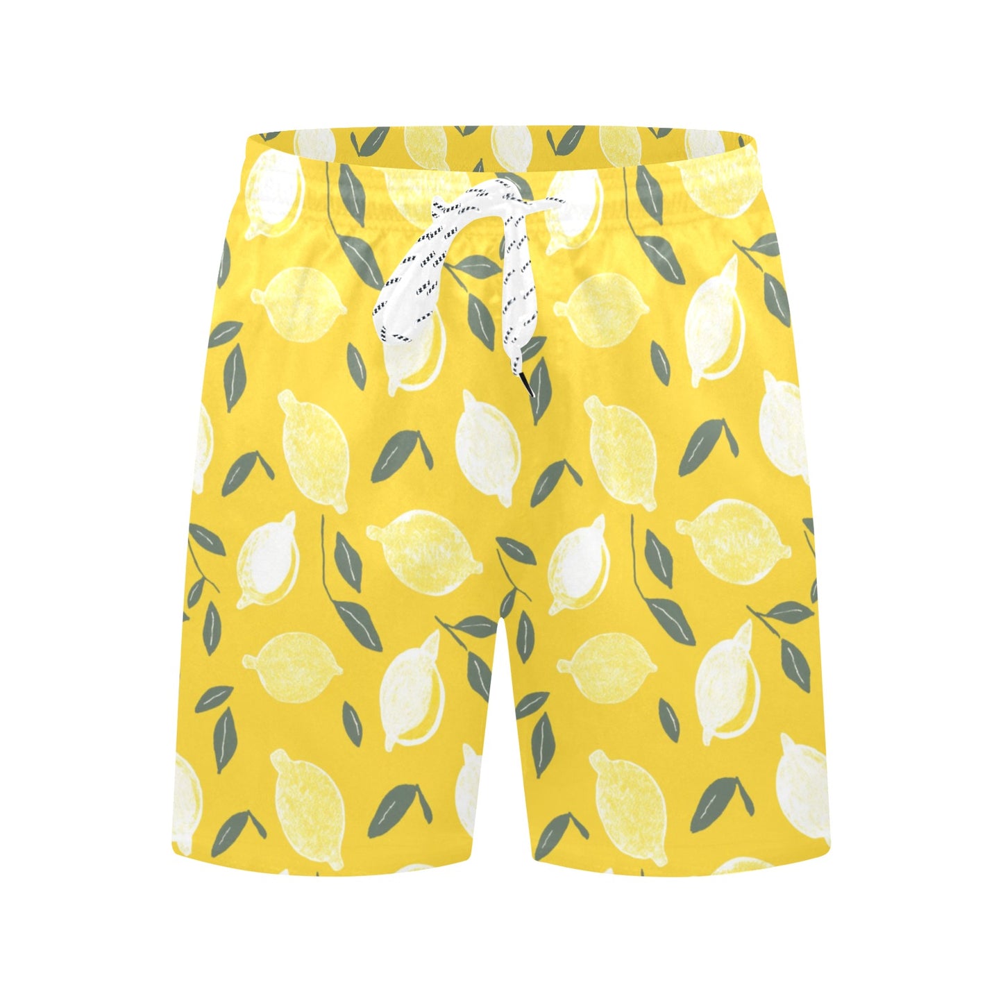 Yellow Lemons Men Swim Trunks, Summer Fruit Mid Length Shorts Beach Pockets Mesh Lining Drawstring Casual Bathing Suit Plus Size Swimwear