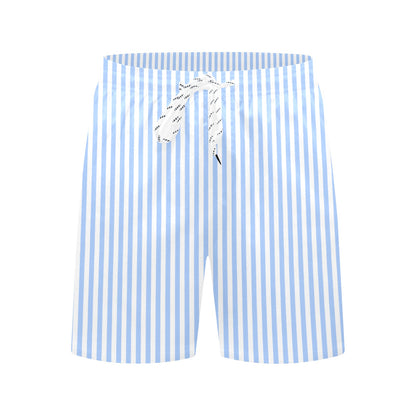 Blue White Striped Men Swim Trunks, Mid Length Shorts Beach Pockets Mesh Lining Drawstring Boys Casual Bathing Suit Plus Size Swimwear Starcove Fashion