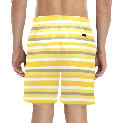 Yellow Striped Men Swim Trunks, Male Mid Length Shorts Beach Pockets Mesh Lining Drawstring Guys Casual Bathing Suit Plus Size Swimwear