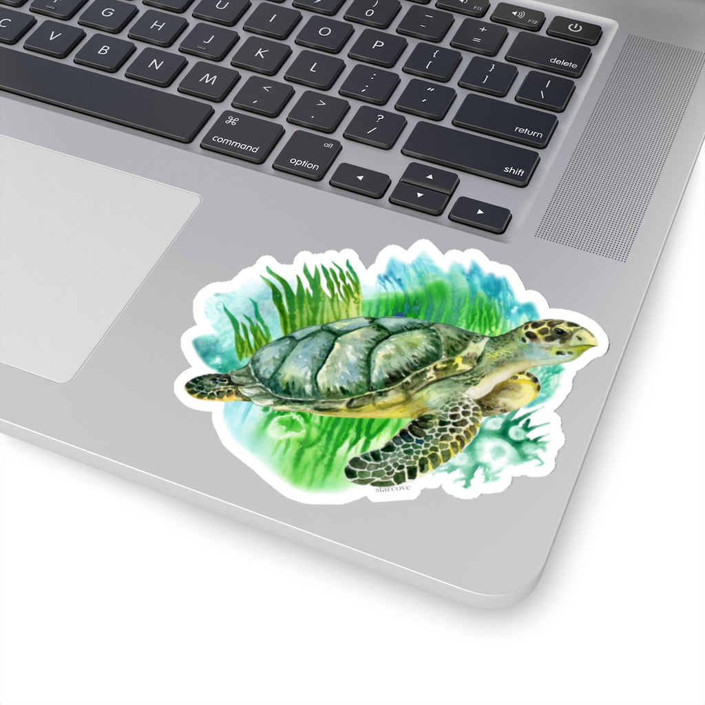 Sea Turtle Stickers, Ocean Island Watercolor Green Laptop Vinyl Cute Waterproof Waterbottle Tumbler Car Aesthetic Wall Phone Mural Decal Starcove Fashion