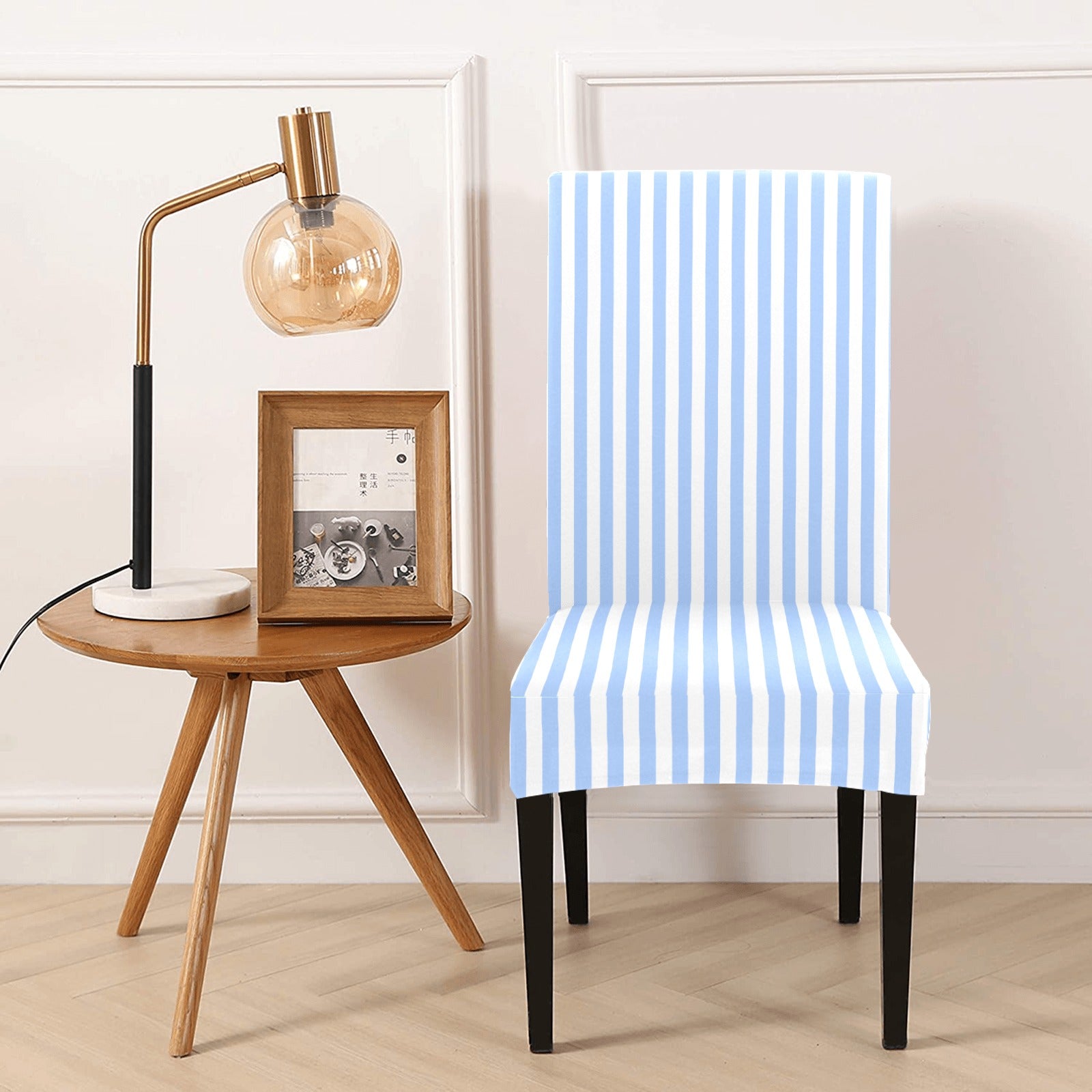 Light Blue Striped Dining Chair Seat Covers, White Stretch Slipcover Furniture Dining Room Party Banquet Home Decor Spandex Starcove Fashion
