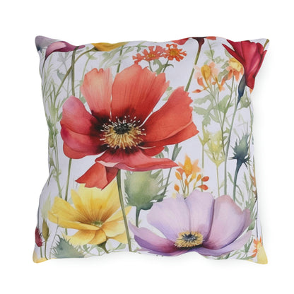 Wildflowers Outdoor Pillow Filled with Insert, Watercolor Red Square Throw Decorative Patio Decor Porch Cushion Waterproof Starcove Fashion