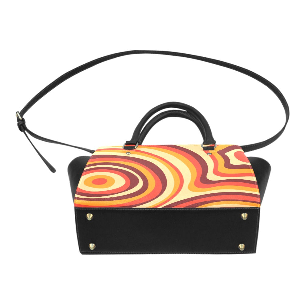 Retro 70s Purse Handbag, Groovy Funky Orange Yellow Brown Vintage Vegan Leather Designer Women Satchel Top Zip Handle Bag Shoulder Strap Starcove Fashion