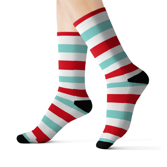 Candy Cane Socks, Aqua Blue Red White Horizontal Stripes Christmas 3D Printed Sublimation Women Men Fun Cool Funky Casual Unique Starcove Fashion