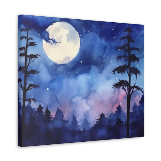 Night Sky Canvas Gallery Wrap, Full Moon Watercolor Wall Art Print Decor Small Large Hanging Modern Landscape Living Room Starcove Fashion