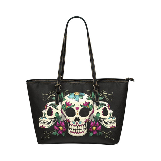 Sugar Skull Tote Bag Purse, Day of the Dead Print Handbag Women Vegan Leather Zip Top Small Large Designer Mexican Shoulder Gothic Work Bag