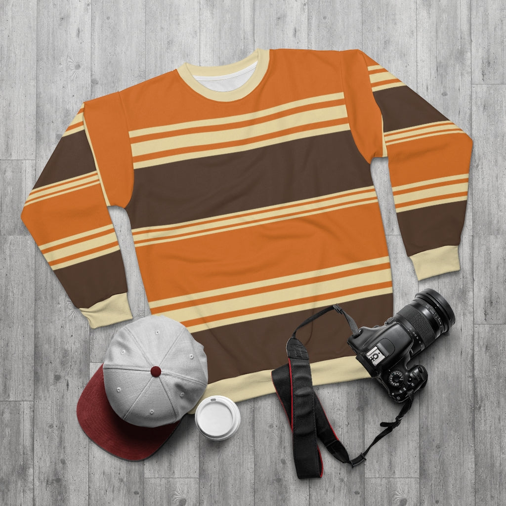 Vintage 70s Brown Orange Striped Sweater, Groovy 1970s Sweatshirt Crewneck Fleece Cotton Jumper Pullover Men Women Aesthetic Unisex Top Starcove Fashion