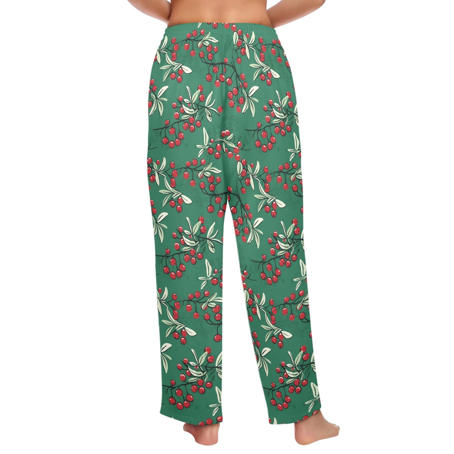Mistletoe Women Pajamas Pants, Green Berries Christmas Xmas Satin PJ Funny Pockets Trousers Couples Matching Ladies Trousers Bottoms