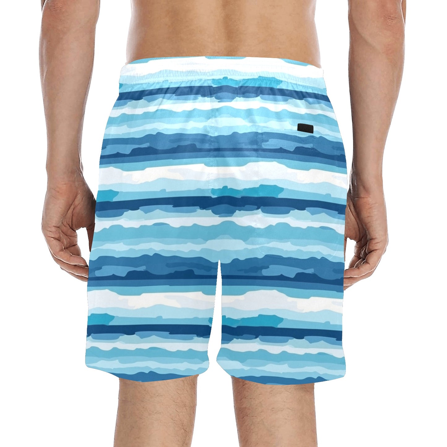 Striped Men Swim Trunks, Ocean Blue Mid Length Shorts Beach Pockets Mesh Lining Drawstring Boys Casual Bathing Suit Plus Size Swimwear