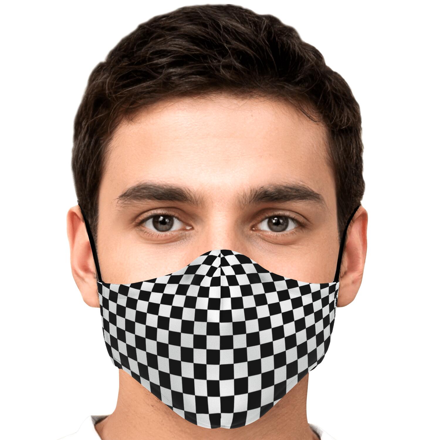 Black White Check Face Mask With Filter, Checkered Gingham Racing Cotton Fabric Cloth Mouth Shield Fashion Half Washable Adult Kids Starcove Fashion