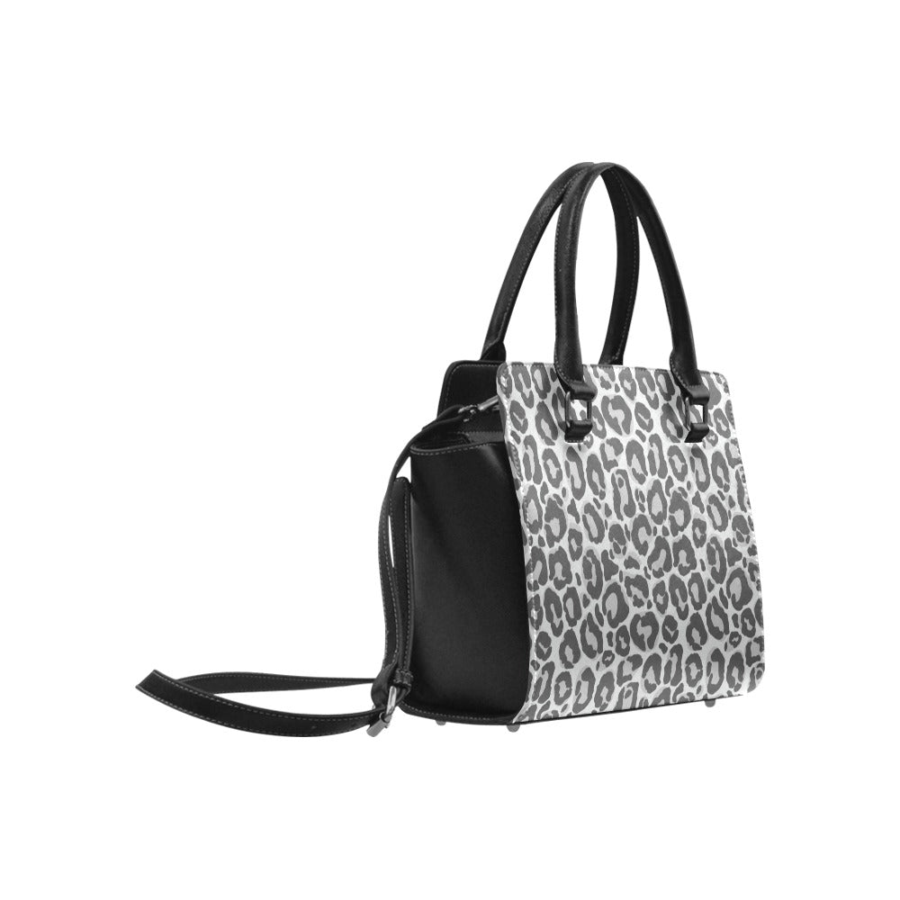 Grey Leopard Shoulder Purse Handbag, Animal Print Cheetah High Grade Vegan Leather Designer Women Gift Satchel Top Handle Zip Bag Strap