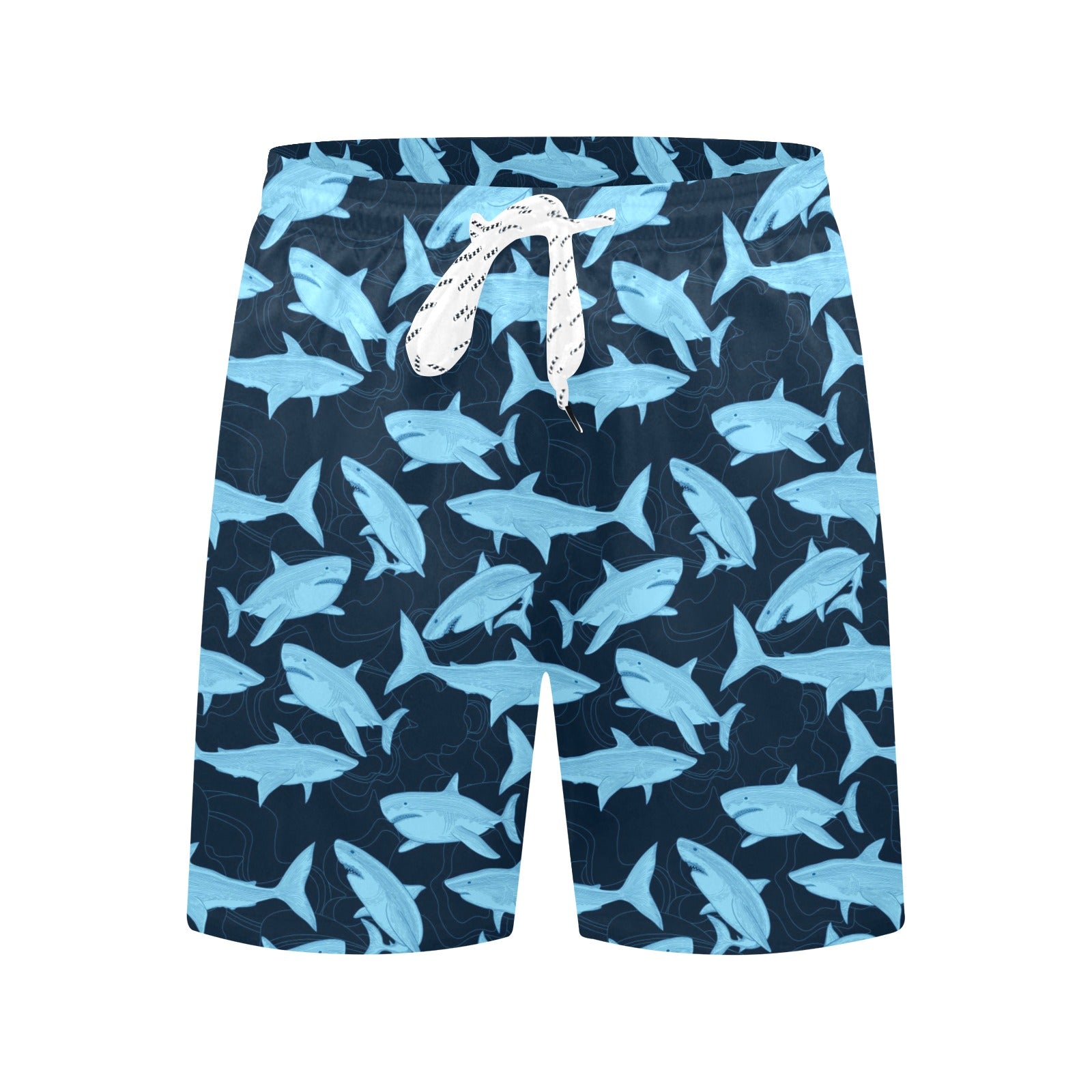 Navy Shark Men Swim Trunks, Blue Mid Length Shorts Beach Front and
