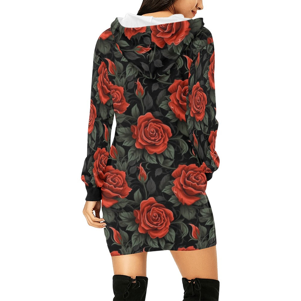 Red Roses Hoodie Dress, Floral Flowers Cute Women Long Sleeve Sexy Winter Outfit Hooded Sweatshirt Dress with Pockets