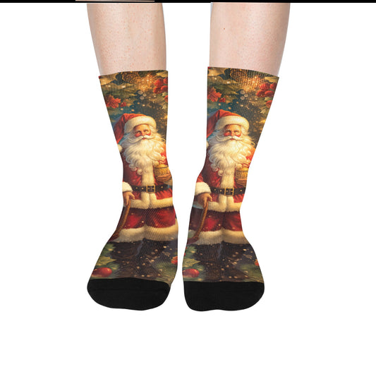 Santa Claus Socks, Christmas Xmas Holidays Crew Sublimation Women Men Designer Fun Novelty Cool Funky Crazy Casual Unique