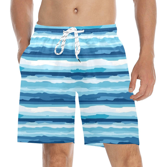 Striped Men Swim Trunks, Ocean Blue Mid Length Shorts Beach Pockets Mesh Lining Drawstring Boys Casual Bathing Suit Plus Size Swimwear Starcove Fashion