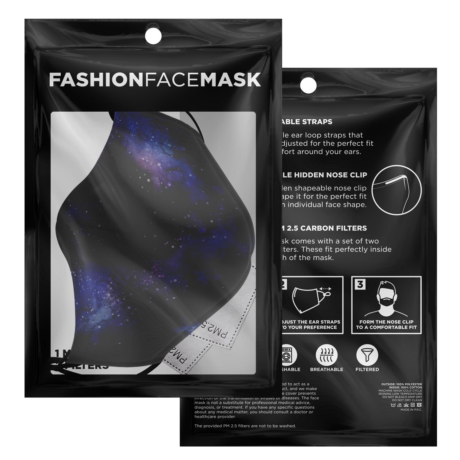 Galaxy Face Mask With Filter and Nose Clip, Space Stars Fabric Cloth Mouth Cover Fashion Washable Reusable Adult Men Women Kids Rave Mask Starcove Fashion