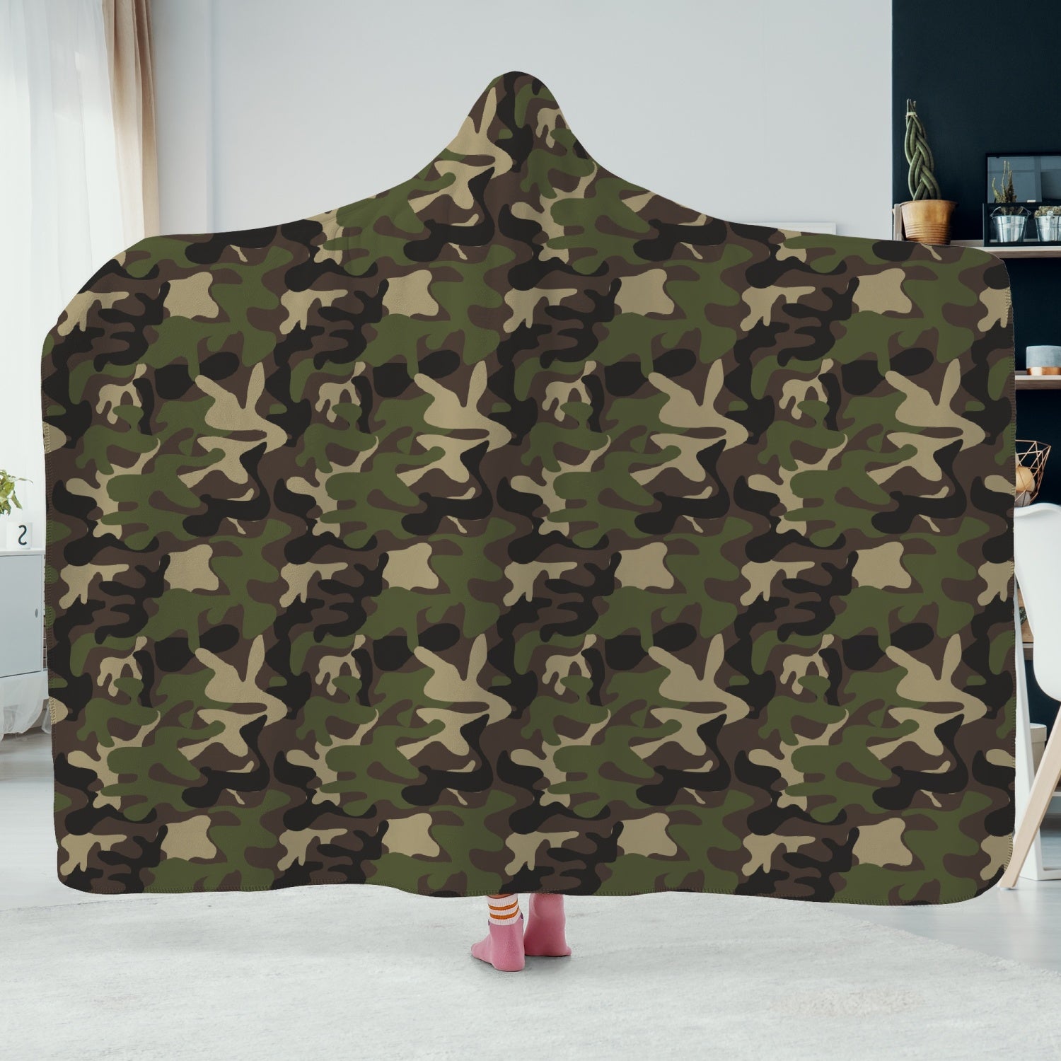 Camo Hooded Blanket, Green Camouflage Sherpa Fleece Soft Fluffy Cozy Warm Adult Men Women Kids Large Wearable with Hood Gift Starcove Fashion