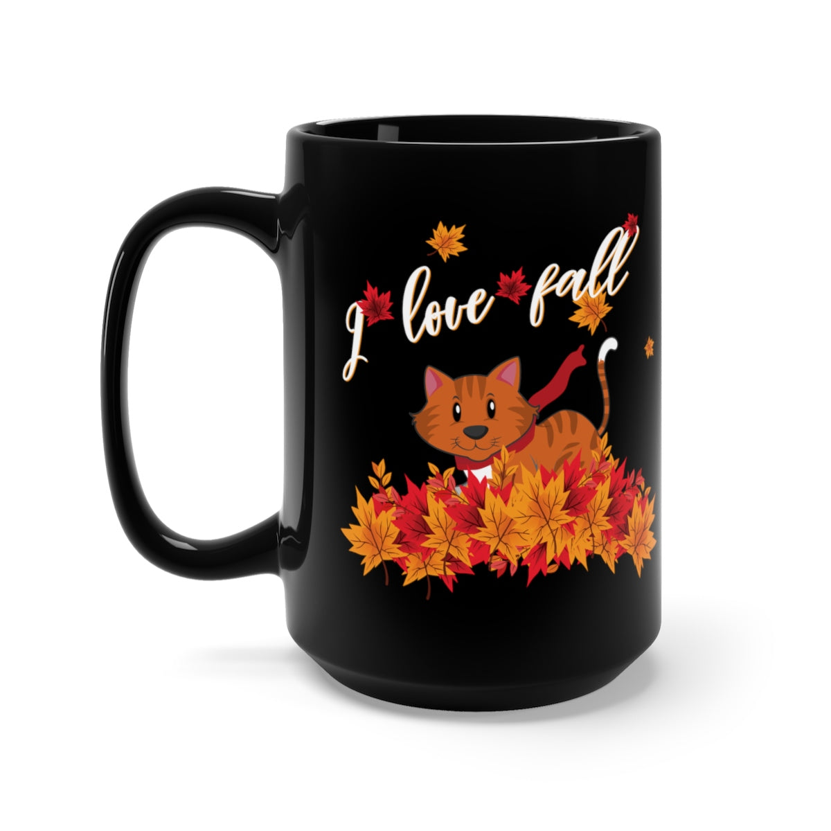 Fall Cat Black Mug 15oz, Kitty Cat Playing with Fall Leaves, I Love Fall Season Leaf Autumn Graphic Fun Cute Kitten Lover Tee Gift Starcove Fashion