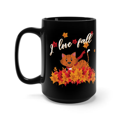 Fall Cat Black Mug 15oz, Kitty Cat Playing with Fall Leaves, I Love Fall Season Leaf Autumn Graphic Fun Cute Kitten Lover Tee Gift Starcove Fashion