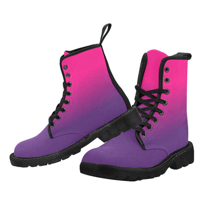 Pink Purple Ombre Women's Boots, Gradient Dip Dye Vegan Canvas Lace Up Shoes Print Army Ankle Combat Winter Casual Custom Gift Starcove Fashion