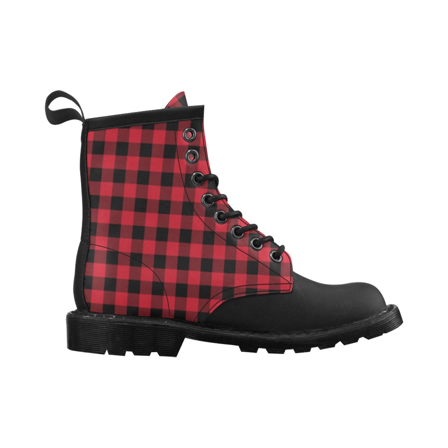 Red Buffalo Plaid Men Leather Boots, Black Check Lumberjack Vegan Leather Lace Up Shoes Hiking Print Ankle Combat Winter Custom