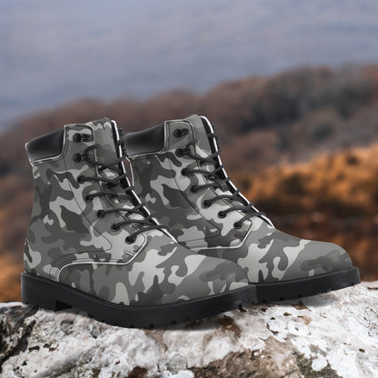 Gray Camo Leather Hiking Boots, Camouflage Grey Lace Up Shoes Women Men Festival Black Ankle Work Winter Casual Custom