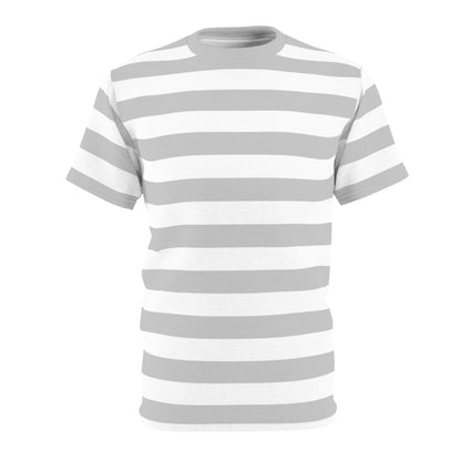Grey White Striped Men T Shirt, Vintage Horizontal Bold Gray Stripes 90s Adult Unisex Designer Crewneck Short Sleeve Tee Starcove Fashion