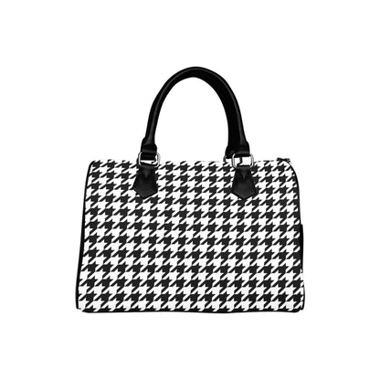 Houndstooth Top Handle Handbag, Black White Art Print Purse Canvas and Leather Barrel Type Boho Designer Accessory Bag Gift Starcove Fashion
