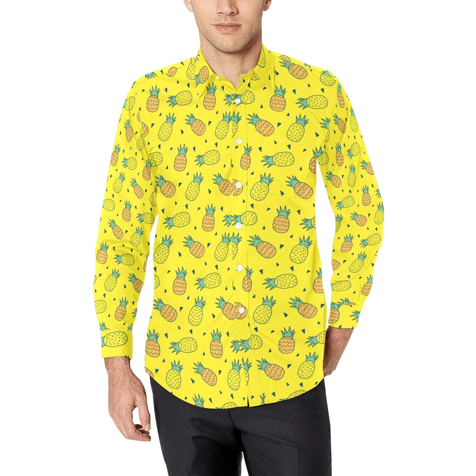 Yellow Pineapple Long Sleeve Men Button Up Shirt, Summer Fruit Print Dress Buttoned Collar Dress Shirt with Chest Pocket XS