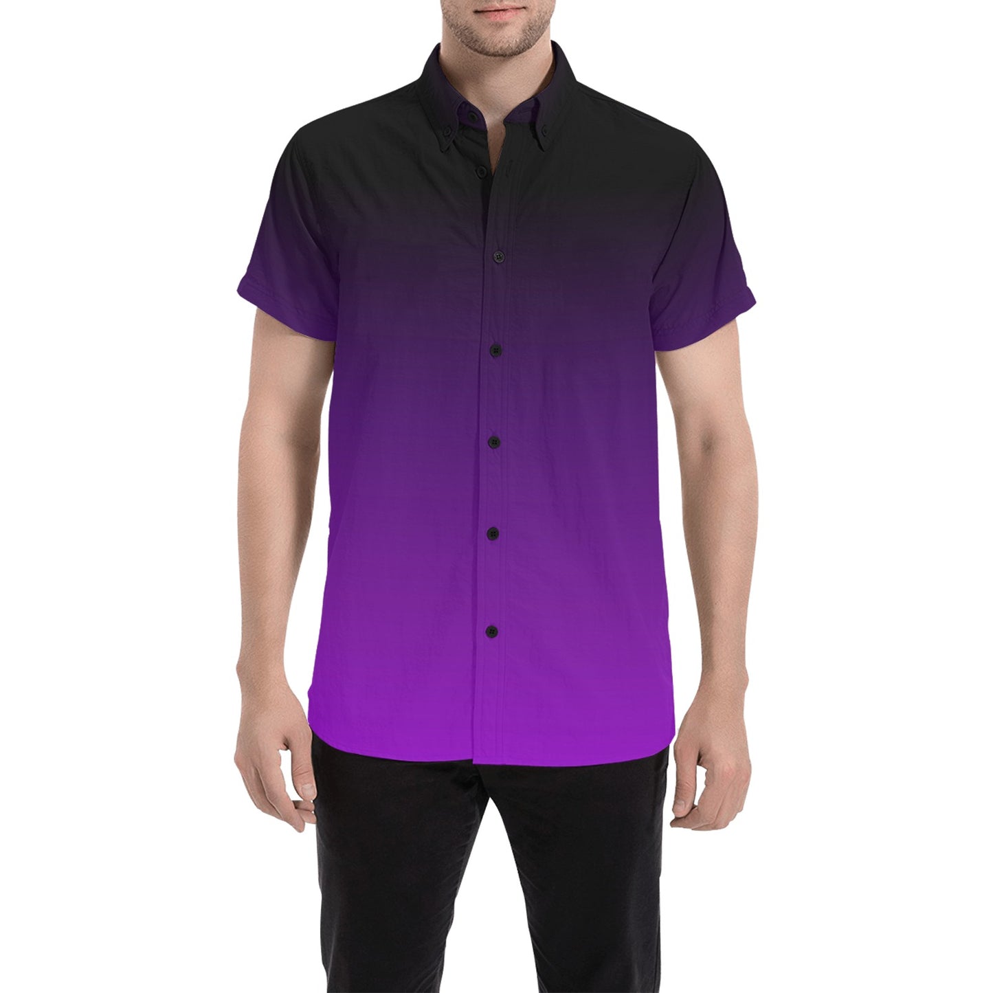 Black and Purple Short Sleeve Men Button Down Shirt, Ombre Tie Dye Gradient Print Casual Buttoned Summer Dress Collared Plus Size