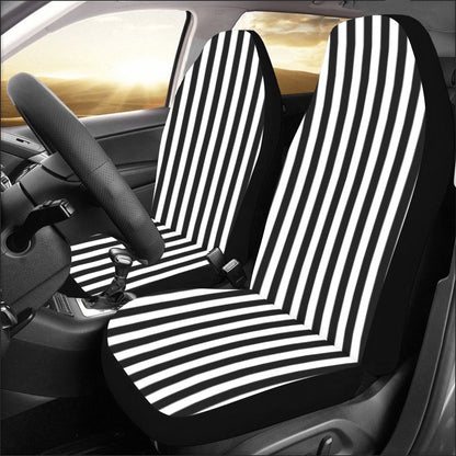 Black White Striped Car Seat Covers 2 pc, Stripe Goth Front Seat Covers Vehicle Car SUV Seat Universal Fit Protector Accessory