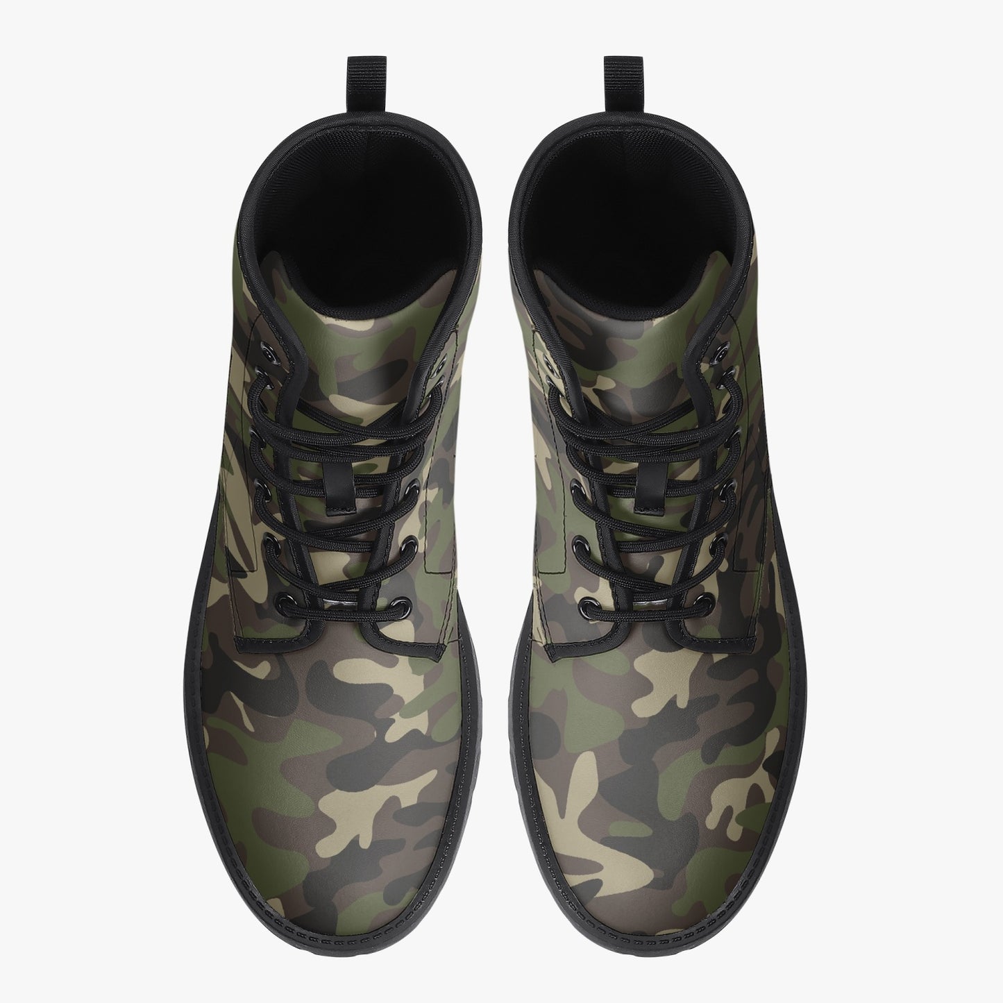 Camouflage Women Vegan Leather Combat Boots, Green Army Camo Lace Up Shoes Hiking Festival Black Ankle Work Winter Casual Custom