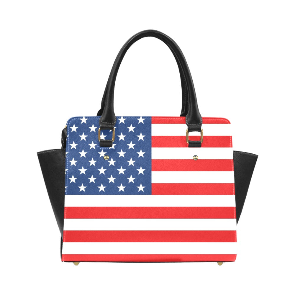 American Flag Purse Handbag, Patriotic USA Stars Stripes High Grade Vegan Leather Women Gift Satchel Top Zip Handle Bag Shoulder Strap Starcove Fashion