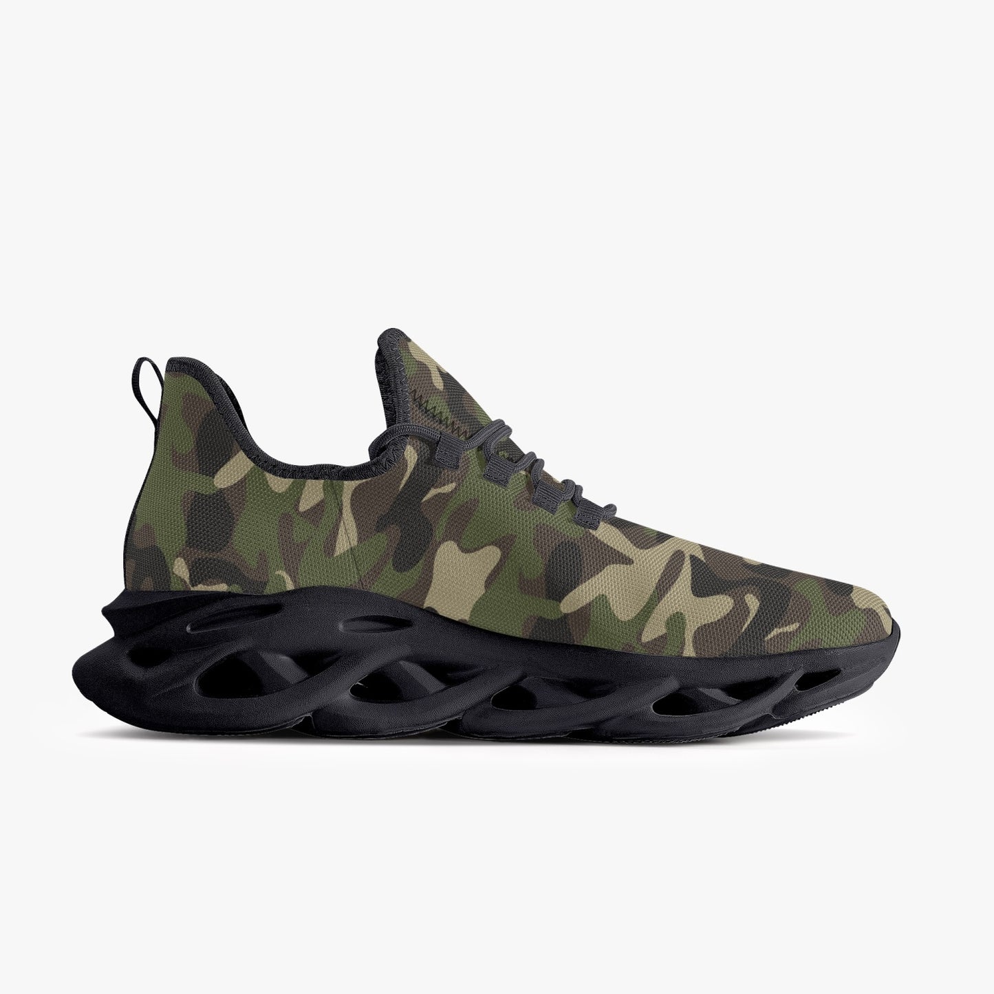 Camo Sneakers, Green Army Camouflage Bouncing Mesh Men Women Knit Running Athletic Sport Workout Breathable Lace Up Fitness Shoes Trainers