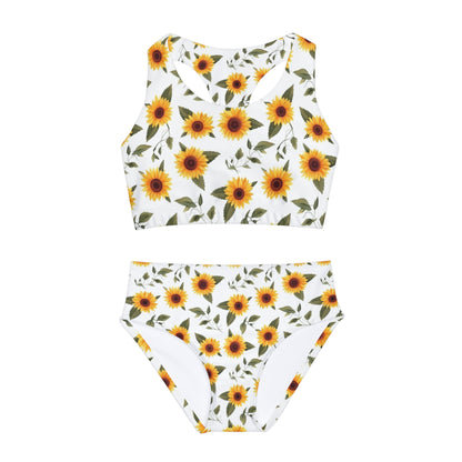 Sunflowers Girls Bikini Set, White Floral Kids Teen Tween Summer Two Piece Swimsuits Bathing Suit Youth Lined Top Swimwear Starcove Fashion