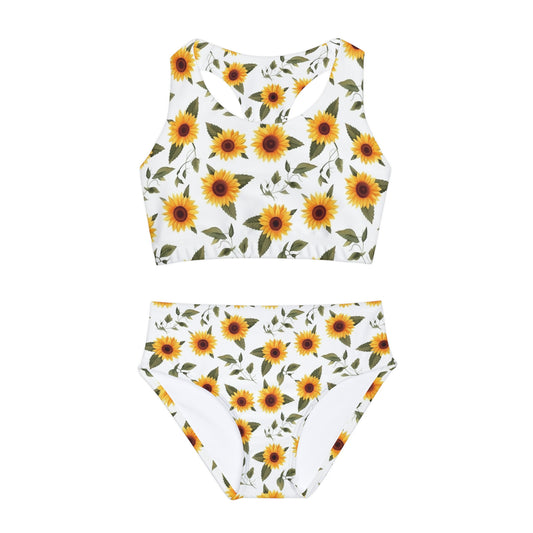 Sunflowers Girls Bikini Set, White Floral Kids Teen Tween Summer Two Piece Swimsuits Bathing Suit Youth Lined Top Swimwear Starcove Fashion