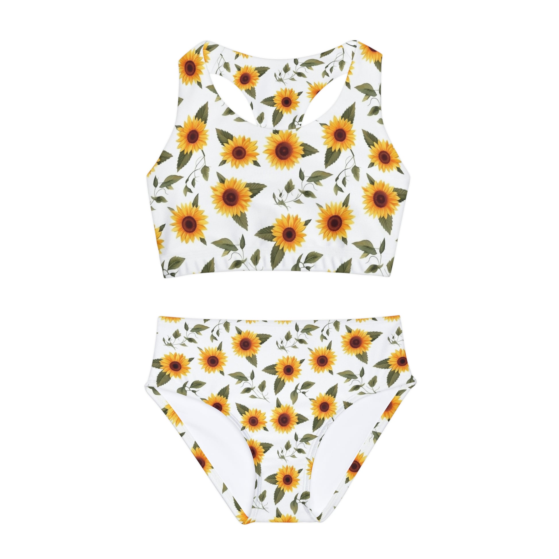 Sunflowers Girls Bikini Set, White Floral Kids Teen Tween Summer