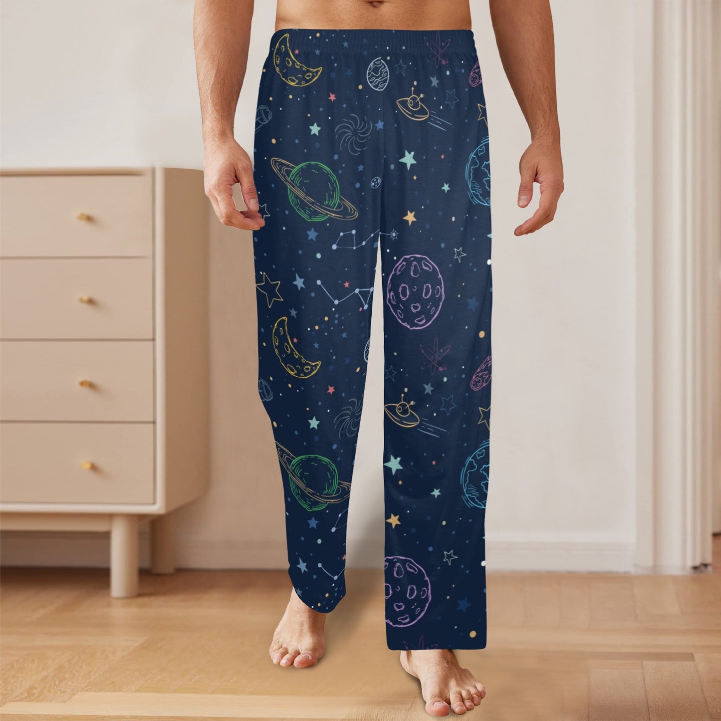 Planets Space Men Pajamas Pants, Galaxy Stars Celestial Universe Satin PJ Pockets Sleep Lounge Trousers Guys Male Matching Trousers Bottoms