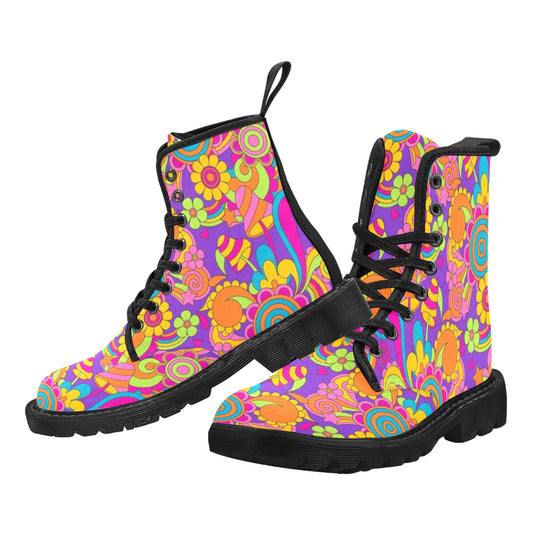Trippy Groovy Shoes Women's Boots, 70s Hippie Psychedelic Colorful Boho Bohemian Hippie Vegan Canvas Lace Up Print Ankle Combat Custom Gift Starcove Fashion