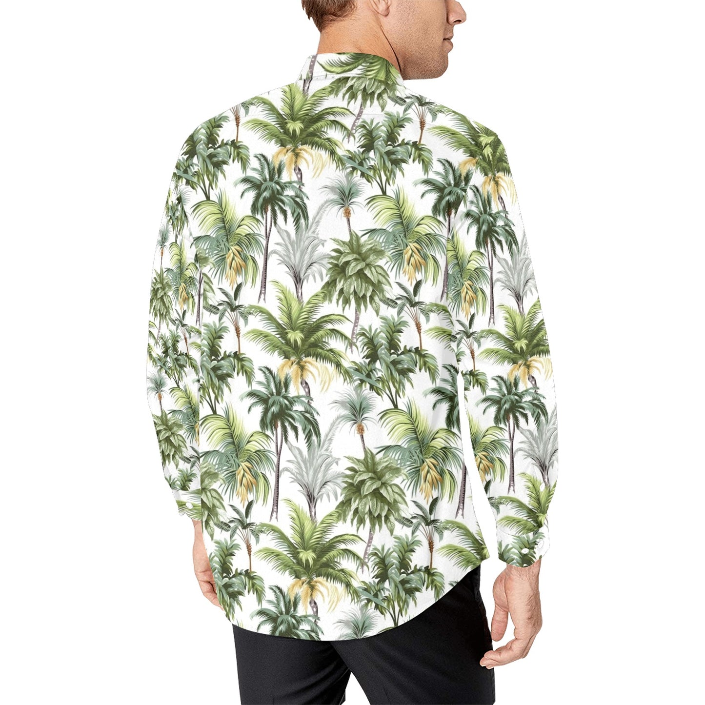 Palm Trees Leaves Long Sleeve Men Button Up Shirt, Green Tropical Summer Print Dress Buttoned Collar Casual Dress Shirt with Chest Pocket Starcove Fashion