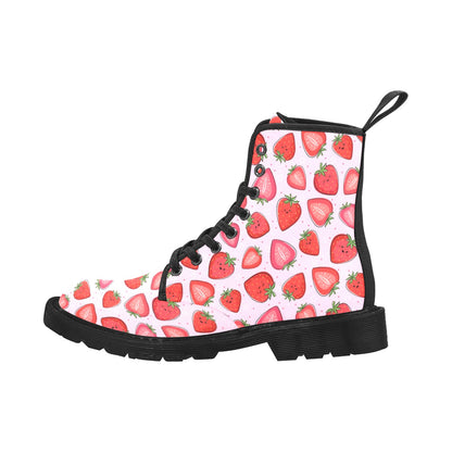 Strawberry Women's Boots, Pink Red Summer Fruit Kawaii Vegan Canvas Lace Up Shoes Print Army Ankle Combat Winter Casual Custom Gift Starcove Fashion