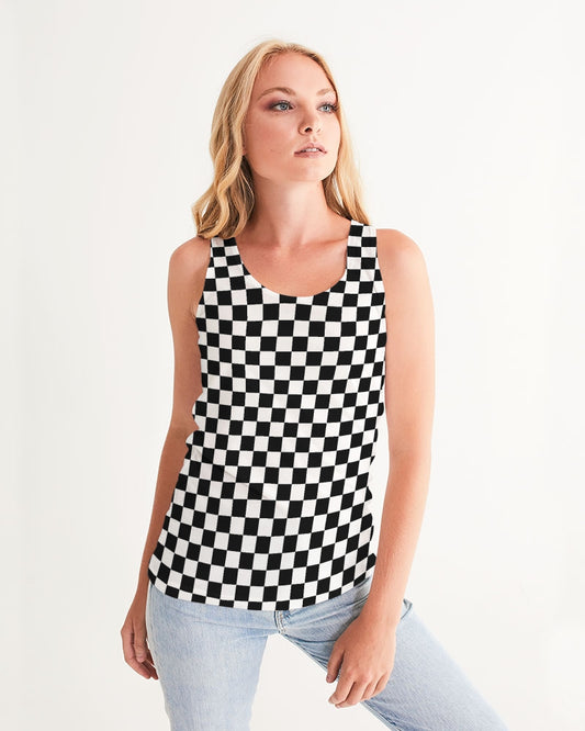 Black White Checkered Women Tank Top, Racing Flag Check Festival Yoga Workout Gym Sexy Summer Muscle Sleeveless Shirt