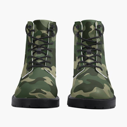 Camouflage Leather Boots, Green Army Camo Lace Up Shoes Hiking Walking Women Men Black Ankle Work Winter Casual Custom Starcove Fashion