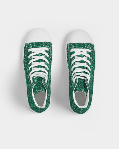 Emerald Green Women High Top Shoes, Geometric Lace Up Sneakers Footwear Canvas Streetwear Ladies Girls White Trainers Designer
