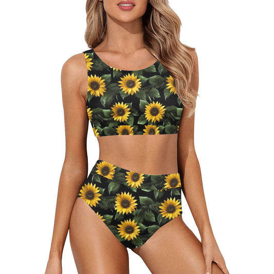 Sunflower Bikini Sports Bikini Set, Yellow Flowers Floral High Waisted Cheeky Bottom Crop Halter Top Sexy Swimsuits Women Padded Swimwear