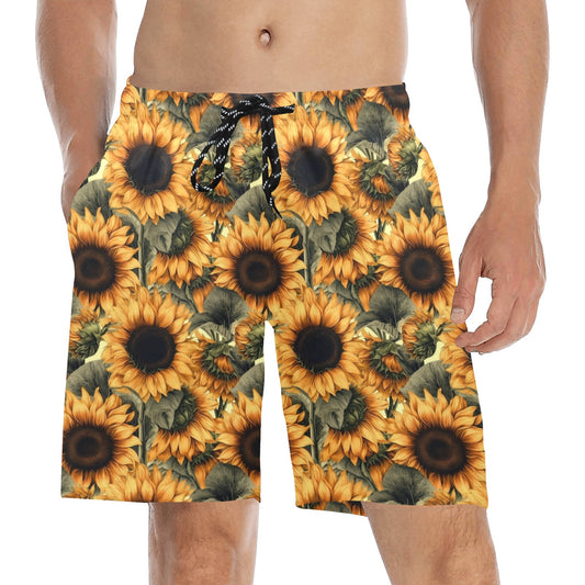 Sunflower Men Swim Trunks, Floral Yellow Flowers Mid Length Shorts Beach Front Back Pockets Mesh Linen Drawstring Bathing Suit Plus Size Starcove Fashion